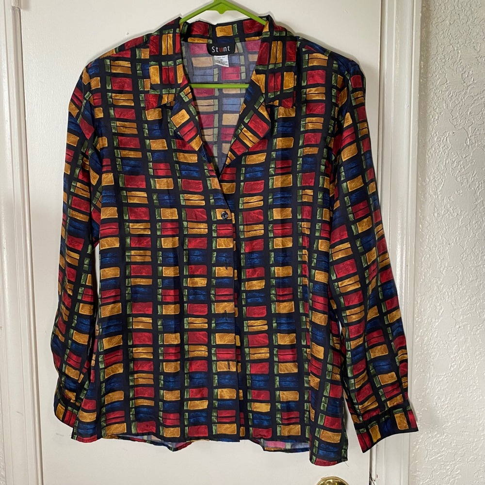 Stunt Silk Long Sleeve Button Up Blouse Multicolor Geometric Pattern‎ Vintage